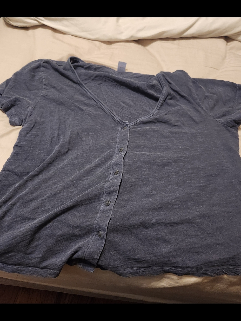 Women Navy Button-Front V-Neck Tee